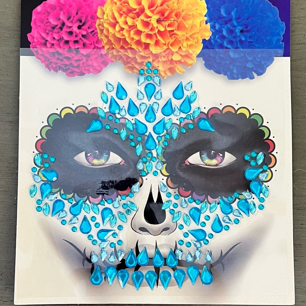 Day of Dead Sugar Skull Catrina Blue Turquoise Rhinestone Sticker Face Jewels